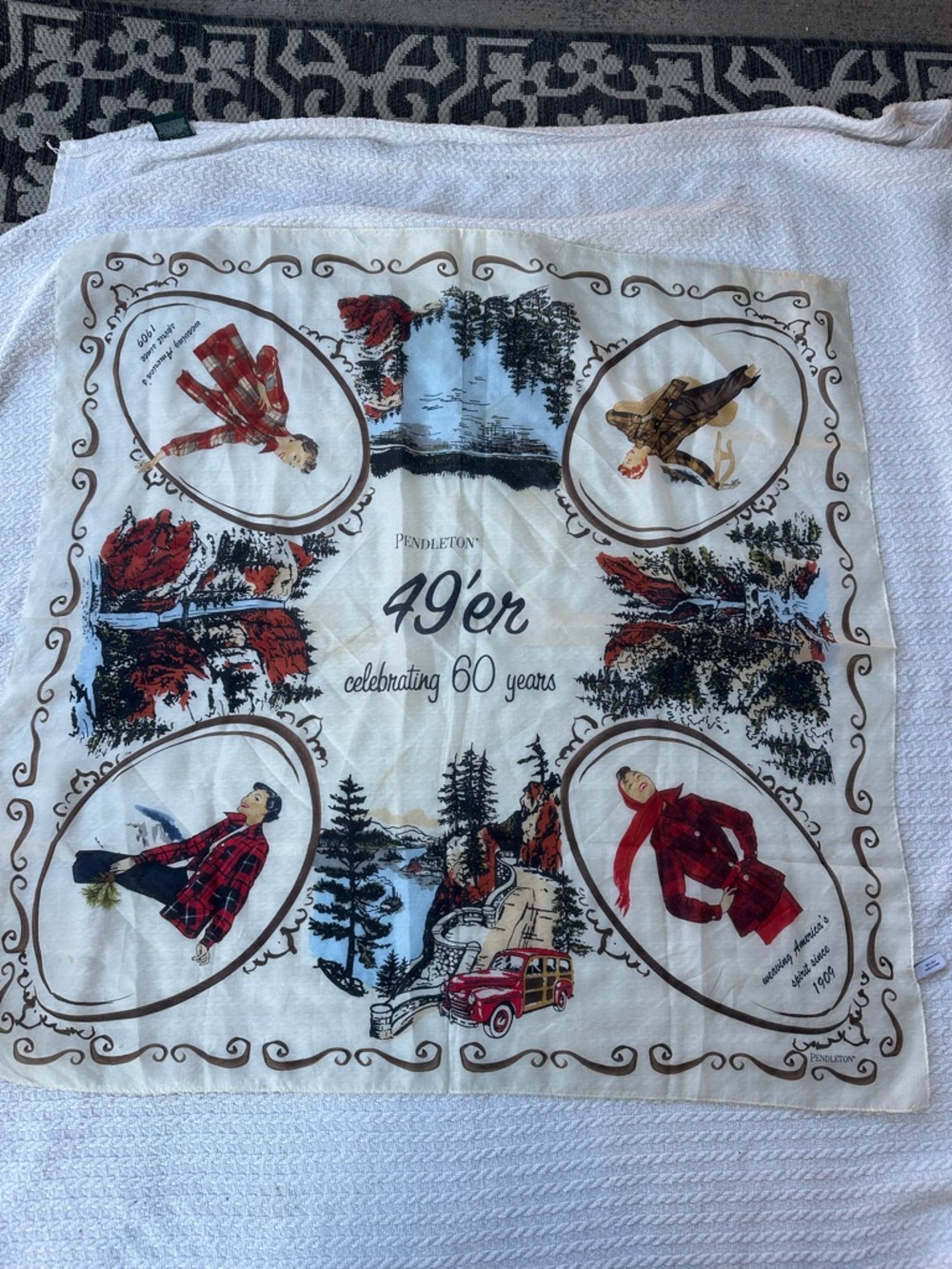 RARE Pendleton 49er Celebrating 60 Years Vintage silk Scarf - Red, White, Black